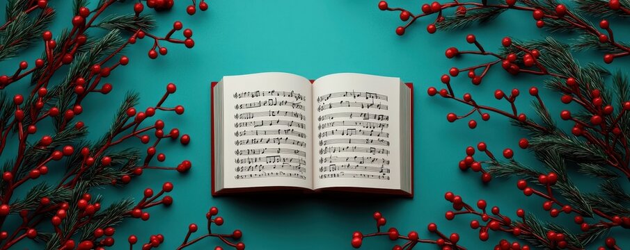 An open book with handwritten text, surrounded by red berries, set against a vibrant teal background.