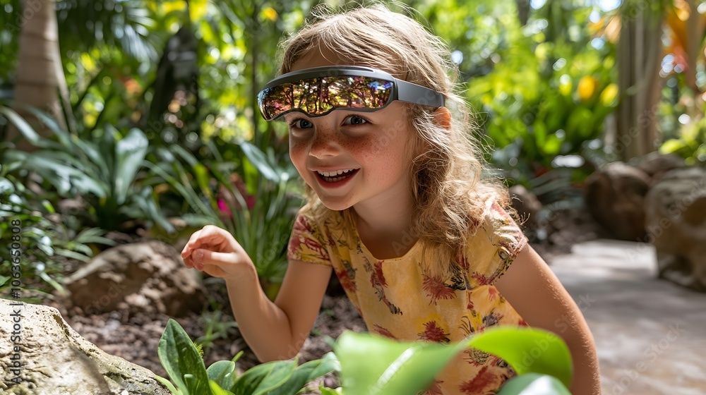 Poster lifestyle photo of a child exploring a 2d forest with 3d trees and plants popping into reality, crea