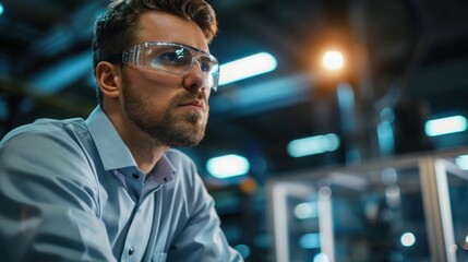 Engineer Overseeing Robotic Machinery in High-Tech Factory for Advanced Manufacturing Processes