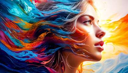 Abstract portrait of a woman under digital and colored rain, technology and people, creativity and people