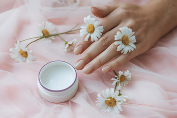 Manicured hand with daisies soft pink background, skincare or beauty theme.
