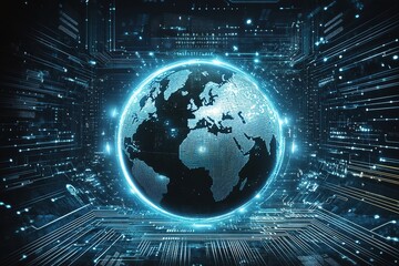 A digital globe with circuit lines representing global connectivity and data flow, symbolizing the vastness of online business growth in cyberspace