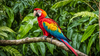 Close-up of a vibrant red and yellow macaw resting on a sturdy branch in a dense tropical rainforest where sunlight streams through the foliage enhancing the beauty of its stunning plumage