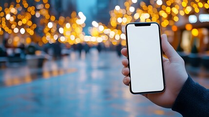 A cinematic style image of a hand holding an iPhone with a blank white screen, ready for custom branding or messaging