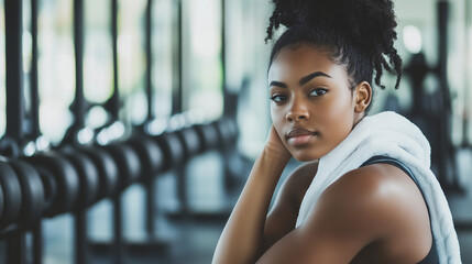 Naklejka premium W siłowni, młoda czarnoskóra atleta siedzi na ławce treningowej, z ręcznikiem zarzuconym na ramię.