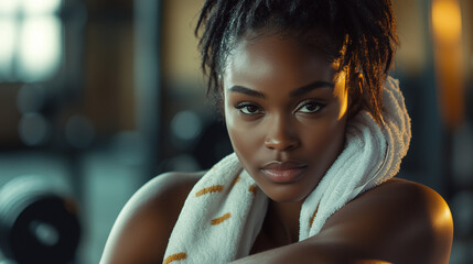 Naklejka premium W siłowni, młoda czarnoskóra atleta siedzi na ławce treningowej, z ręcznikiem zarzuconym na ramię.