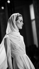 Naklejka premium Elegant Woman in Hijab, Black and White Modest Fashion Portrait