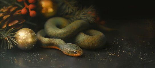 A green snake is elegantly positioned among new year decorations, featuring red berries, golden ornaments, and lush pine branches, creating a striking contrast against a dark background