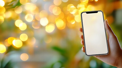 Capture the beauty of technology and everyday life with this close up shot of a hand holding an iPhone with a blank white screen