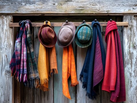 Cozy collection of vibrant autumn scarves and hats hanging on a weathered wooden coat rack by a rustic door ready for a crisp seasonal outing - Powered by Adobe