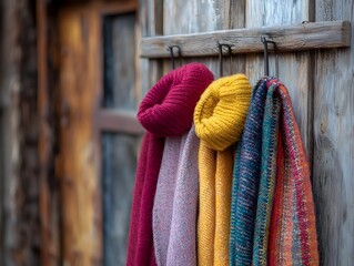 Colorful Autumn Accessories Hanging on a Rustic Coat Rack by a Wooden Door