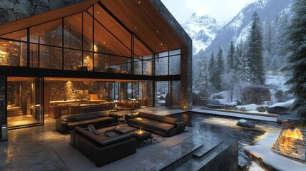 Modern luxury home with a stunning mountain view in the snow.
