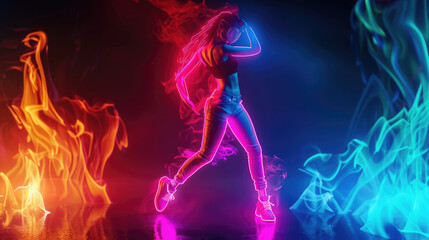girl hip hop dancer, in a mask with rhinestones on her face and jeans, glows with flame, burns with fire and neon, on a dark background