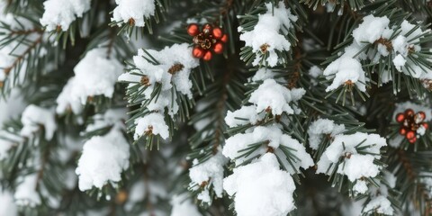 Close-up of pine tree branches covered in snow, creating a festive Christmas background, white, branches