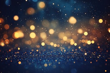 Obraz premium Dark background, starry sky, glowing particles, glowing dots, dark blue and gold tones, glowing effect, glowing light trail, fantasy space