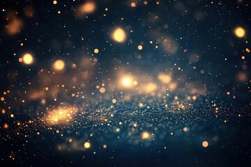 Fototapeta premium Dark background, starry sky, glowing particles, glowing dots, dark blue and gold tones, glowing effect, glowing light trail, fantasy space