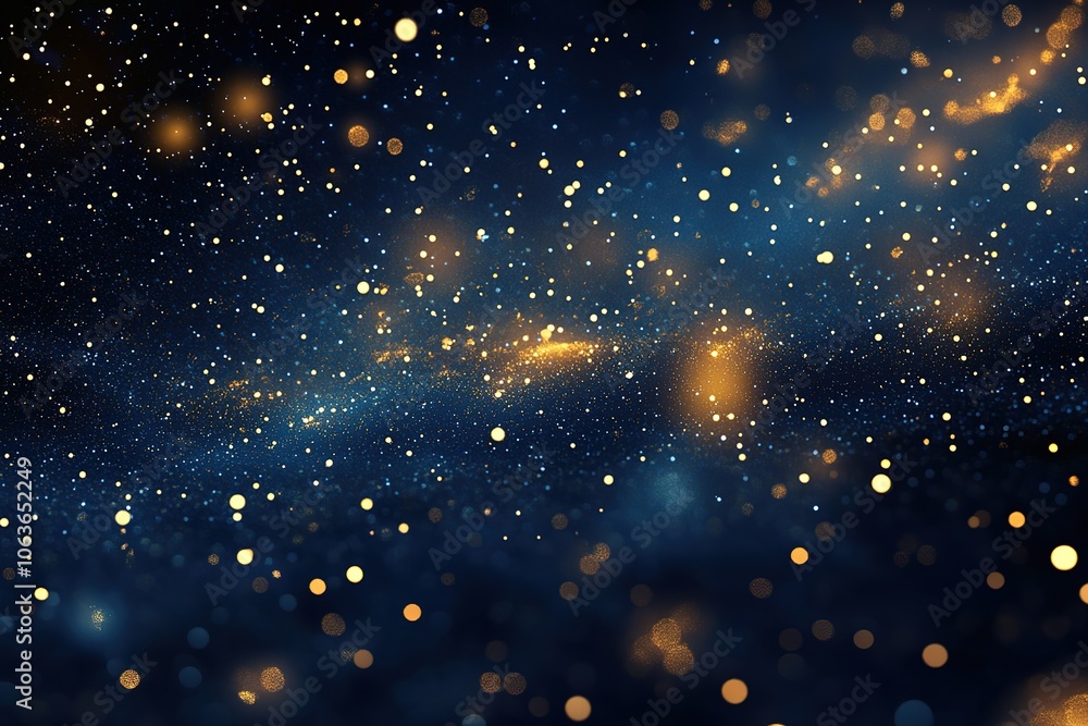 Wall mural dark background, starry sky, glowing particles, glowing dots, dark blue and gold tones, glowing effe