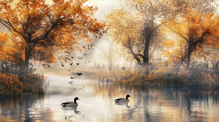 Small island with trees in the middle of the lake with ducks in autumn
