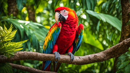 Close-up of a stunning red and yellow macaw showcasing its colorful feathers as it rests on a sturdy branch amidst the vibrant greens of a tropical rainforest bathed in warm sunlight filtering through