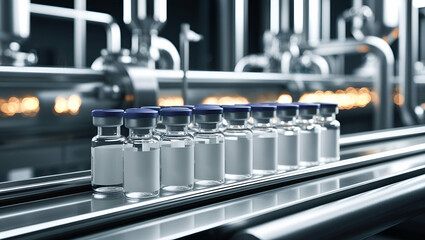 Fototapeta premium High-contrast, shallow-depth-of-field bokeh effect photography of multiple transparent glass vials, closely packed and aligned on a sleek, stainless steel pharmaceutical manufacturing line conveyor be