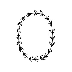 oval closed frame covered with double leaves along the entire length - hand drawn line art. oval plant frame