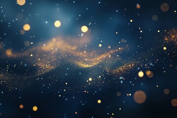 Dark background, starry sky, glowing particles, glowing dots, dark blue and gold tones, glowing effect, glowing light trail, fantasy space