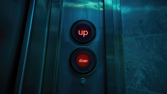 Dimly lit elevator buttons showing up and down in blue light ambiance
