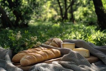 Summer Picnic Basket Food   Cheese and Bread on Blanket Outdoors