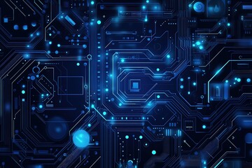 Fototapeta premium Blue technology background with circuit board elements, a blue vector illustration of a futuristic digital network connection and data transfer concept on a dark blue background