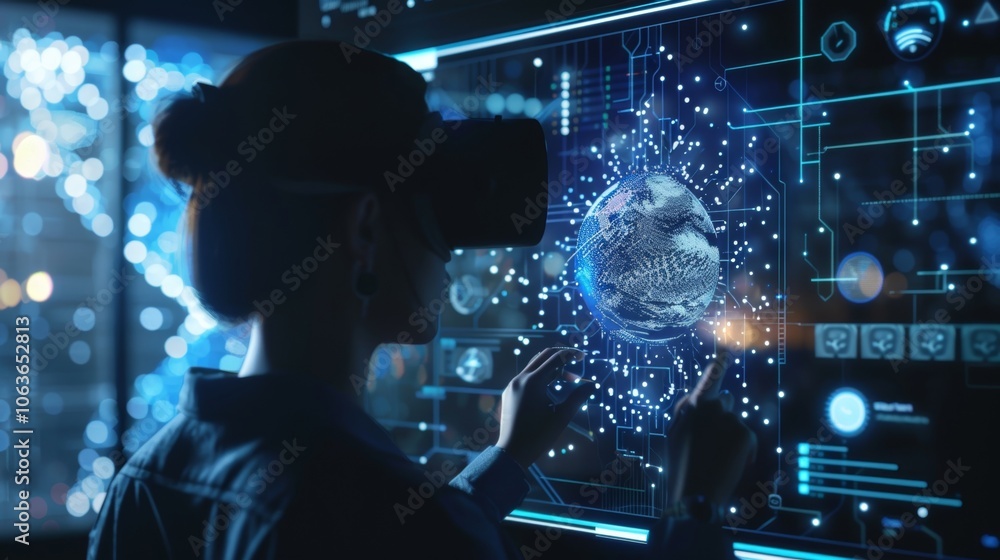 Poster software engineer wearing virtual reality headset interacting with holographic projection of earth a