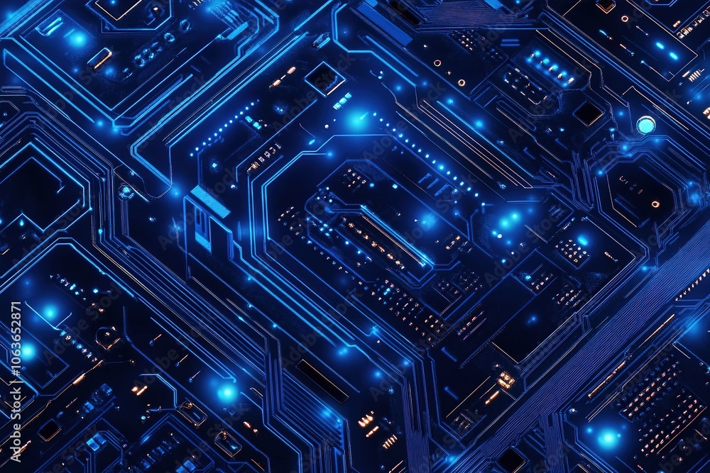 Poster blue technology background with circuit board elements, a blue vector illustration of a futuristic d