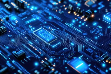 Fototapeta premium Blue technology background with circuit board elements, a blue vector illustration of a futuristic digital network connection and data transfer concept on a dark blue background