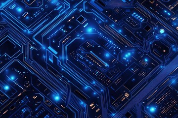 Blue technology background with circuit board elements, a blue vector illustration of a futuristic digital network connection and data transfer concept on a dark blue background