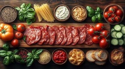 Classic Italian ingredients laid out on a rustic table with tomatoes, pasta, herbs, and seasoned meats