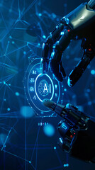 mechanical robot hand with index finger turns on touch screen on glowing projection brain,web of internet,on abstract background vertical,