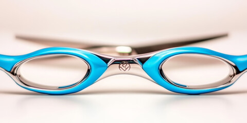 Close-up of a pair of blue and silver swimming goggles.
