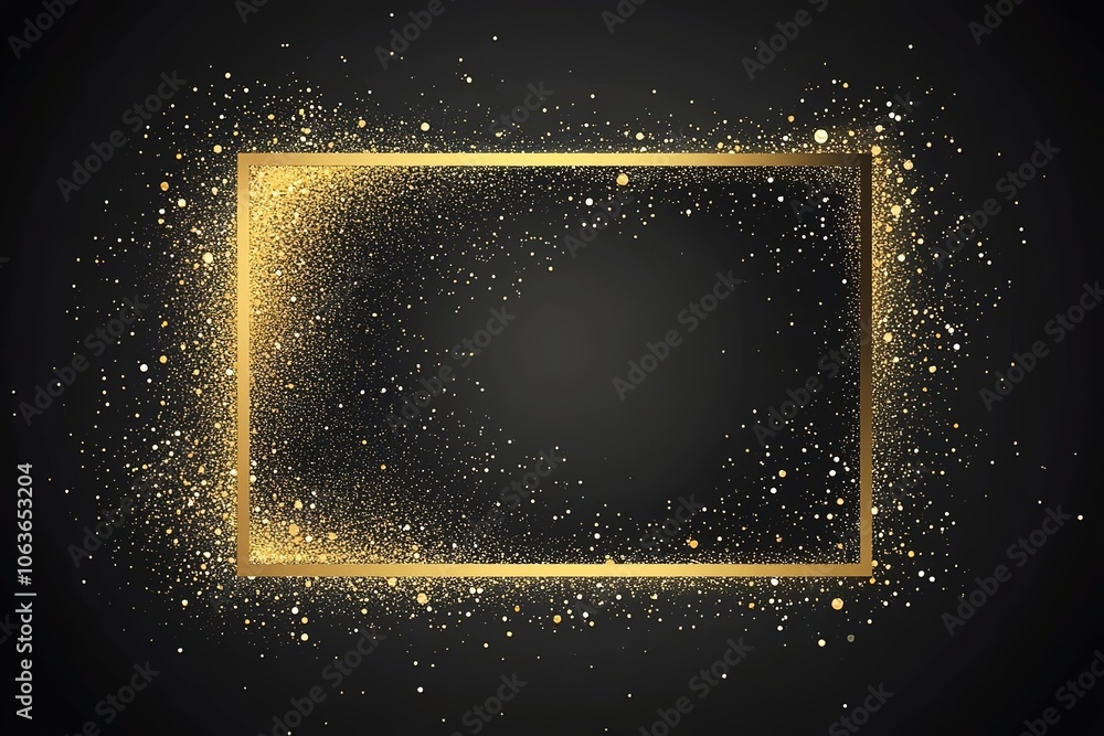 Poster a golden rectangular frame on the right side of an empty black background, with glitter and sparkles