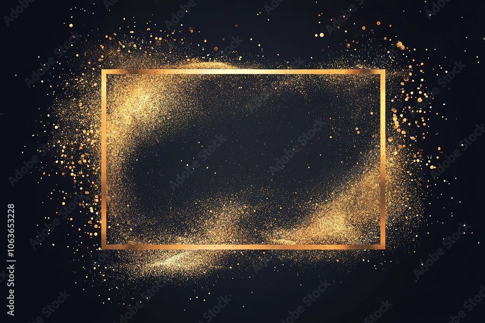 Poster a golden rectangular frame on the right side of an empty black background, with glitter and sparkles