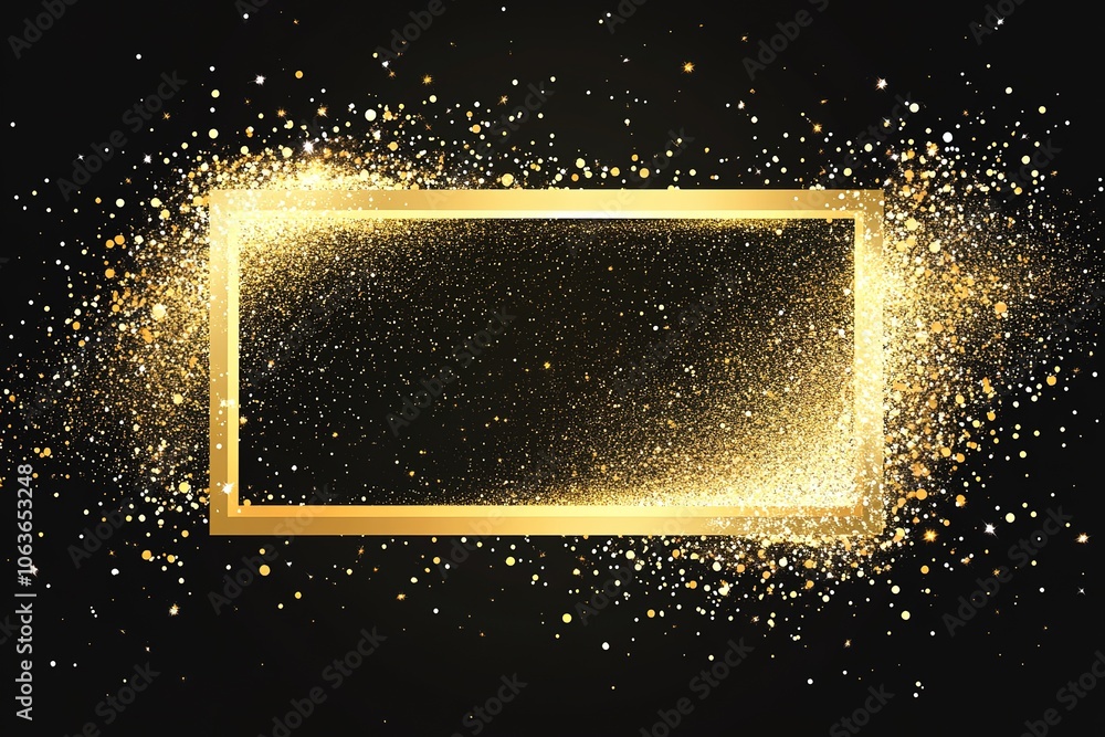 Poster a golden rectangular frame on the right side of an empty black background, with glitter and sparkles