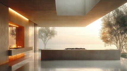 minimalist kitchen interior showcasing a clean design with a washbasin and a gas stove allowing for ample empty space highlighted by soft natural lighting streaming in from a nearby window