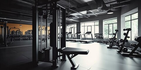 Modern gym interior with weightlifting equipment and treadmills