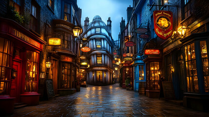 Fototapeta premium Cobblestone Street at Twilight with Shops and Streetlights - Realistic Image