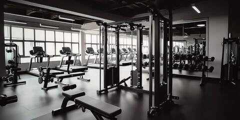 Fototapeta premium A Black and White Interior View of a Modern Gym with Treadmills and Weight Lifting Equipment