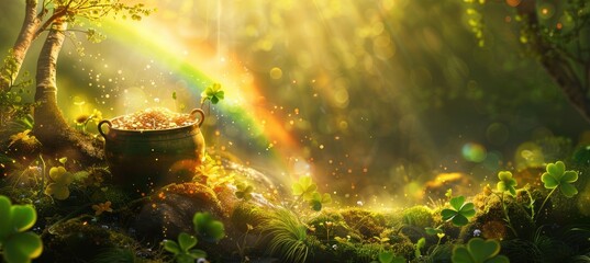 Naklejka premium St. Patrick's Day Greeting Card: Pot of Gold at Rainbow's End in Vibrant Green Landscape