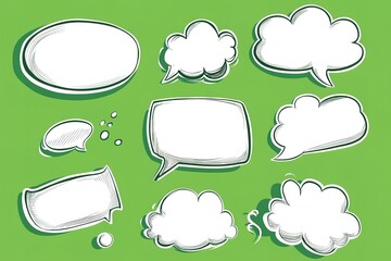 A set of speech bubbles in a comic-style format, with white text on a green background. The shapes include circular and rectangular boxes with rounded corners