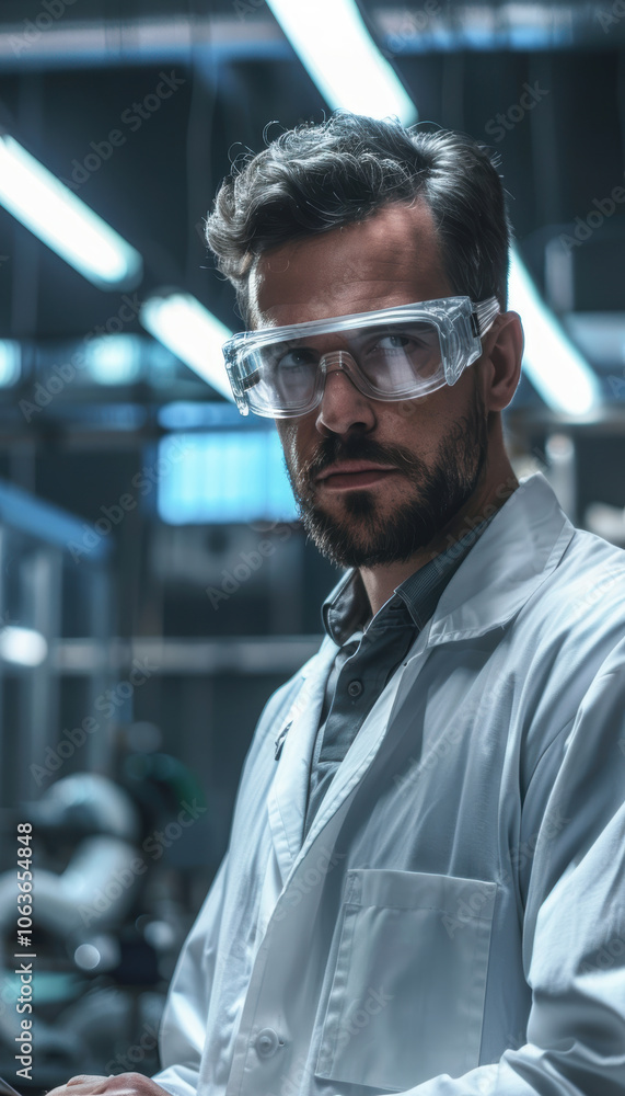 Poster senior engineer in high-tech factory with automated robotics for industrial innovation