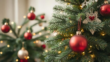 Christmas background featuring a beautifully decorated tree with festive ornaments and twinkling lights, decorations, festive