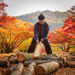 秋の色に囲まれた木々の中で薪を割る男性。