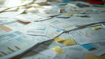 Overwhelmed: A chaotic desk piled high with paperwork,  sticky notes, and charts.  The visual representation of a demanding workload.  The picture speaks volumes about stress, deadlines.