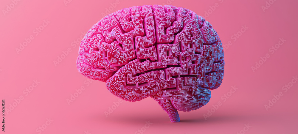 Poster vibrant pink brain model representing machine learning and information processing